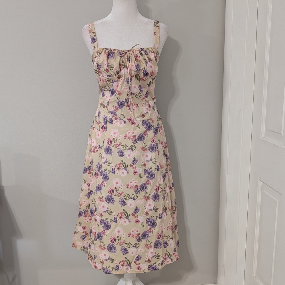 Milk Maid Midi Dress SMALL? NO TAGS Coquette Babydoll Peasant Floral Lace Up
